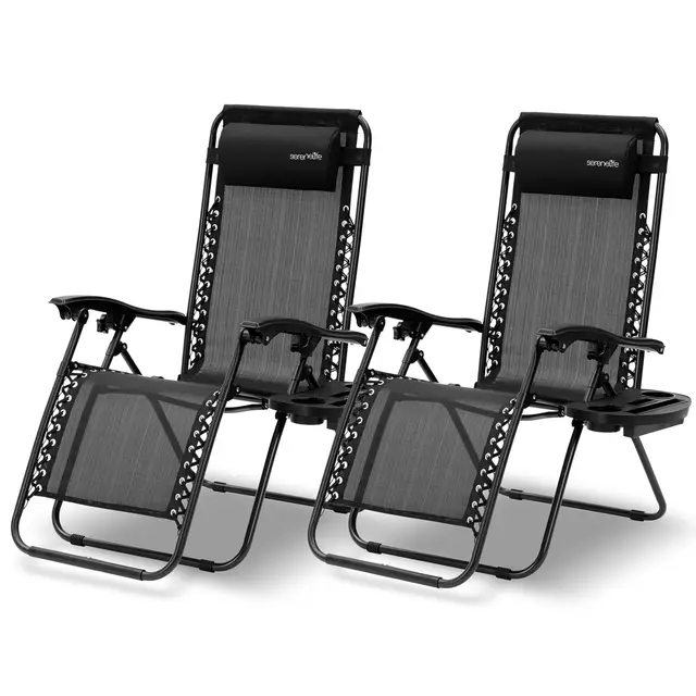 SereneLife sillas reclinables de Exterior, Set de 2, Tumbonas de Malla de Acero, con Almohada Desmontable, Portavasos, Plegables, Ajustables, Portatiles, Zero Gravity, Camping, Patio, Piscina o Playa