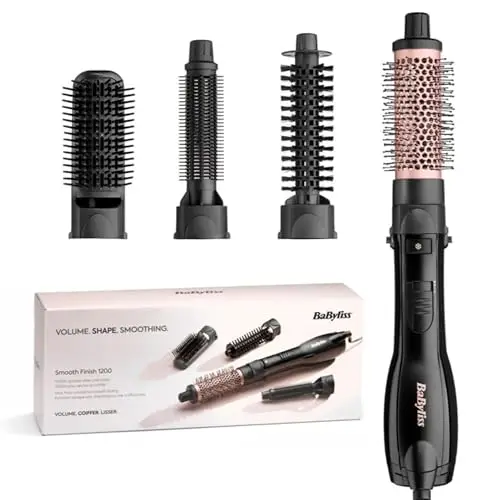 BaByliss Smooth Finish 1200 – Cepillo de Aire Caliente 4‑en‑1 para Secar, Alisar, Dar Volumen y Moldear, Tecnología Iónica & Cerámica, 4 Accesorios, 1200W, Negro/Rosa, AS122E