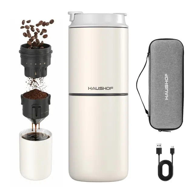 HAUSHOF Molinillo de Café Eléctrico Portátil Inalámbrico con Taza Térmica Doble 700ml, 5 Niveles de Molienda Ajustable, Cafetera Vertido Todo en Uno para Camping, Outdoor Viaje, RV y Oficina