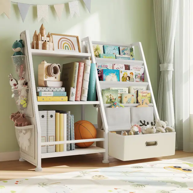 GoTiling Libreria Montessori Infantil para Niños: Estanteria Libros Infantil de 3 Niveles con un Cajón Grande - Estante de Juguetes y Libros para Habitación Infantil, Blanco