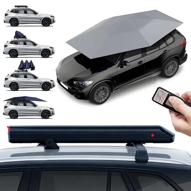 Tienda De Campaña para Coche Automática con Rieles De Techo – Control Remoto, Protección UV Impermeable Cubierta para Coche, 3.8×2.8 M Tienda Techo Coche para Sedanes Y SUV Grey