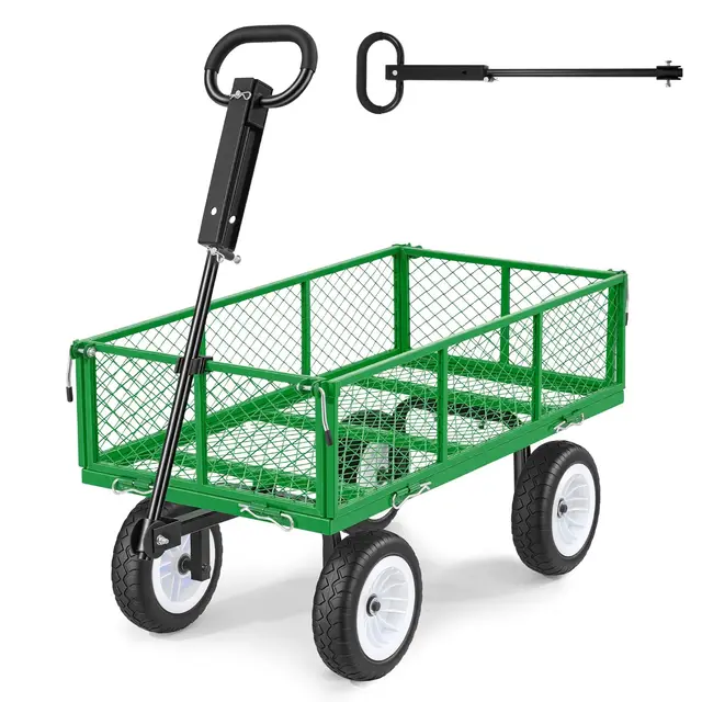 VEVOR Carro de Jardín con Ruedas, Carro de Mano Capacidad Máxima 408 kg, Acero Reforzado con Neumáticos, Asa Ajustable, Paneles Laterales Desmontables para Exterior Transporte de Carga Pesada, Verde