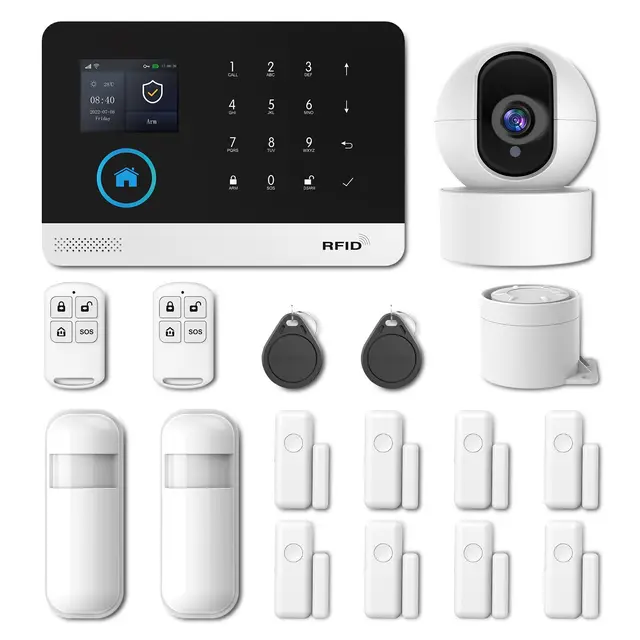 Sistema de Alarma doméstica inalámbrica,17 Piezas gsm WiFi Sistema Completo de Alarma antirrobo,Sirena de Alarma con PIR, Sensor de Puerta y Ventana, Control Remoto para apartamento,Garaje, Oficina