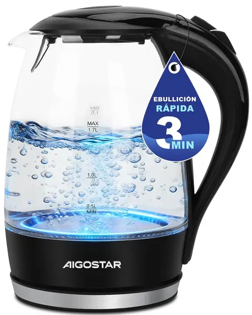 Aigostar Adam 30GOM - Hervidor de Agua Eléctrico de Cristal, Hervidores Eléctrico con Iluminación Led, 1,7 L, 2200W, Libre de BPA y Sistema de Protección Contra la Ebullición en Seco, Base 360º