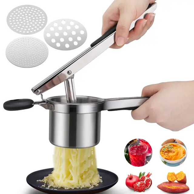 Aplastador de patatas de acero inoxidable, puré de patatas con 3 tamices spaetzle intercambiables, mango de silicona antideslizante Prensa spaetzle Apto para lavavajillas