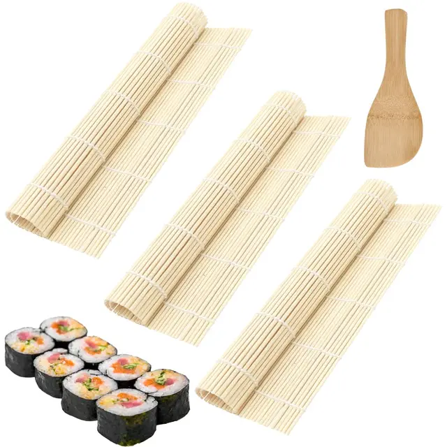 Kit Sushi de 3 Piezas, Esterilla de Sushi de Bambú Natural, Hecho a Mano, Incluye Cuchara de Arroz, Perfecto para Principiantes y Profesionales