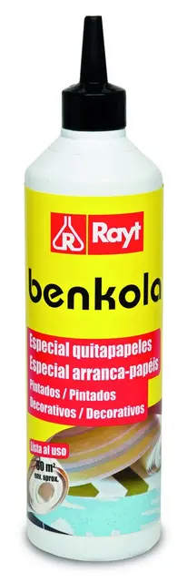 Rayt 496-07 Benkola Quitapapeles: producto para retirar papeles pintados y decorativos. Diluir en agua dependiendo del tipo de papel: 5 a 10 litros de agua por botella. 500 gr
