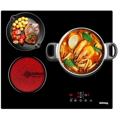 IsEasy Placa vitrocerámica de 3 Zonas, Placa de cocina vitrocerámica 60 cm 3 Zonas, 5500 W, temporizador, 9 niveles de potencia, Bloqueo Seguridad para Niños