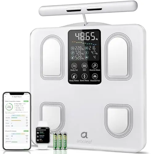 arboleaf Bascula Inteligente de Peso Corporal con 8 Electrodos y Gran Pantalla LED, Báscula Grasa Corporal y Muscular Analiza 50 Métricas, Bascula de Baño Bioimpedancia con Bluetooth y APP, 310x310 mm