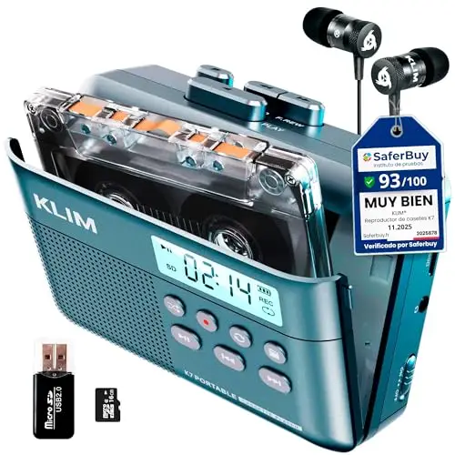 KLIM K7 Reproductor Cassette - Conversor de Cassette a MP3 - Player Portátil con Micrófono y Altavoz Integrados - Batería Recargable - Auriculares - Tarjeta SD 16 GB - Azul