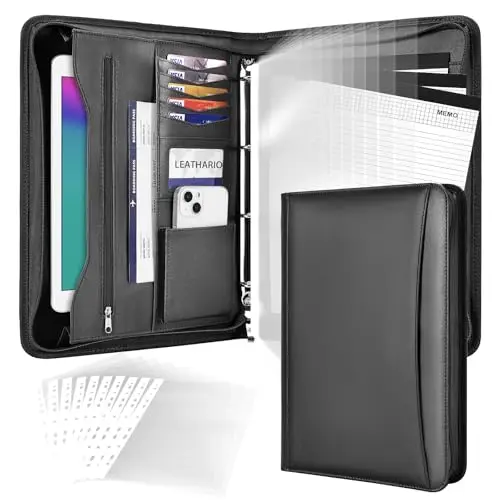 Leathario Carpeta de Conferencias A4 con Carpeta, Carpeta de Documentos para Viaje con 3 cuadernos y 10 páginas de índice transparente