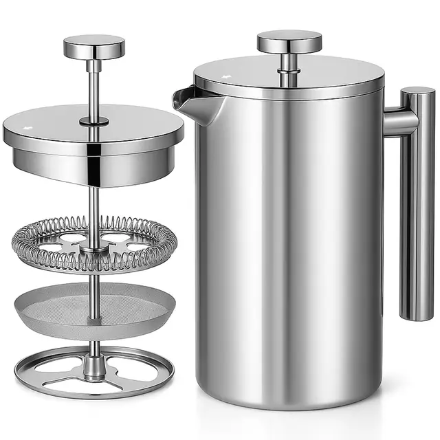 Red Ember Cafetera de prensa francesa de acero inoxidable de 1 litro, cafetera aislada de doble pared, irrompible y resistente al óxido con filtro de 3 capas para una infusión suave y rica, ideal para