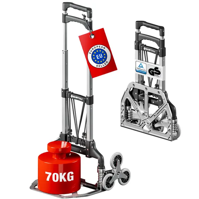 ATHLON TOOLS Carretilla Plegable de Aluminio, TÜV GS-Certificado Mango extralargo de 110 cm, Superficie de Carga con Almohadillas Antideslizantes, Modelo 2025
