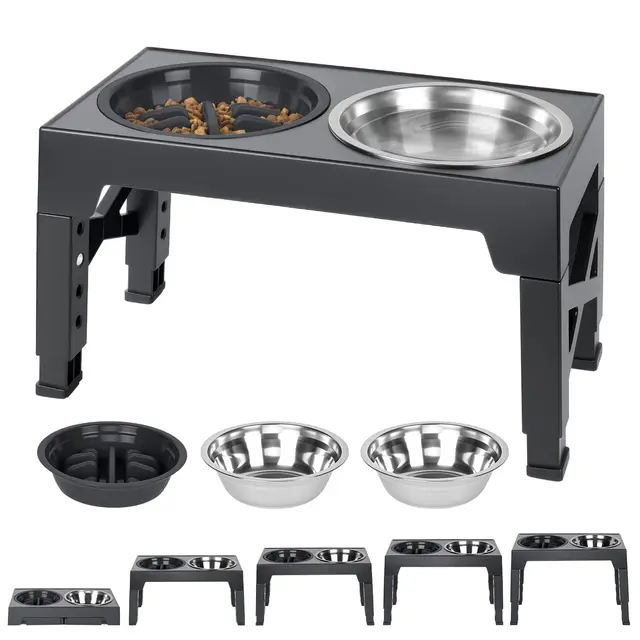 AUYAO Comedero Perro Elevado, con 2 Cuencos de Acero Inoxidable y 1 Bebederoo, Ajustable de 5 Alturas, Recipiente para Perros Pequeños, Medianos y Grandes
