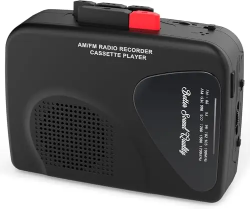 Reproductor de casete portátil y grabador de casete con radio AM/FM, altavoz integrado, conector para auriculares y clip para cinturón (negro)