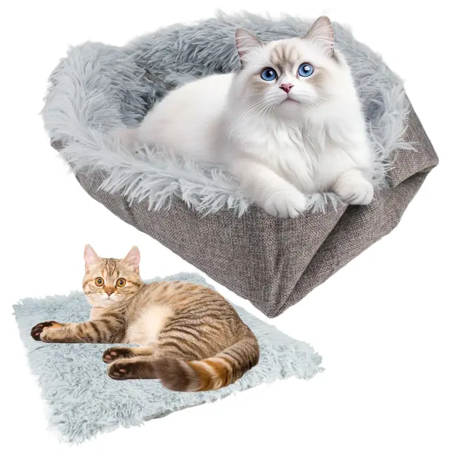 Cama 2 en 1 para Gatos y Perros, 61x51cm Alfombra Cama de Felpa para Mascotas, Gris Cojín Cálido y Esponjoso para Gatos, Mascota Felpa Sofa Suave, Lavable, para Gatitos, Cachorros y Animales Pequeños