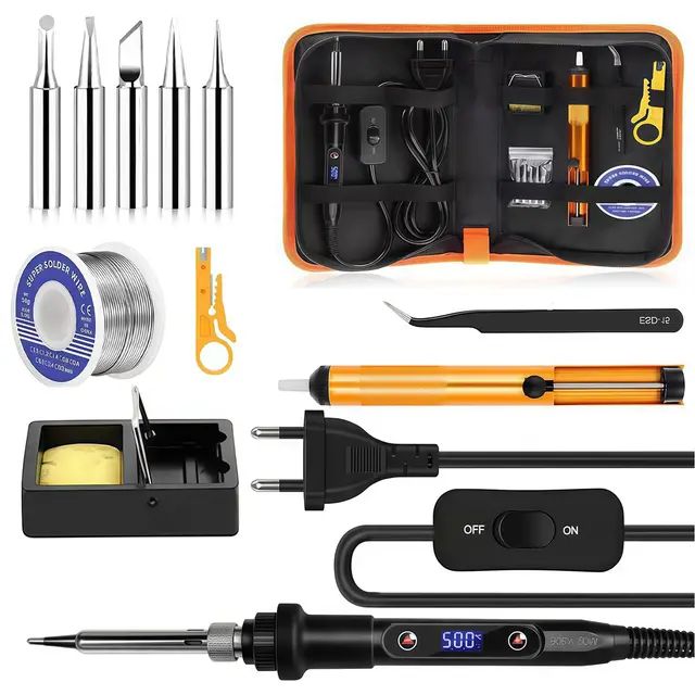 Kit Soldador, Soldador Eléctrico 80W con Pantalla LCD y Temperatura Ajustable 180-500°C, Soldador de Estaño con Interruptor ON/OFF y 5 Puntas, para Reparaciones Electrónicas y Bricolaje