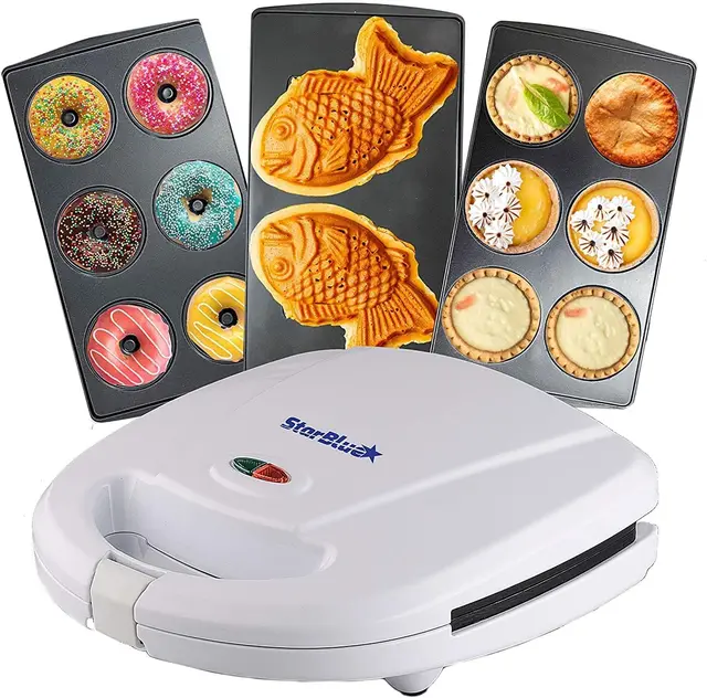 StarBlue - Máquina para hacer minidonas, minitartas y quiches, perfecta para cocinar taiyakis y postres, con 3 placas desmontables, blanco, CA 220-240 V, 50/60 Hz y 700-800 W