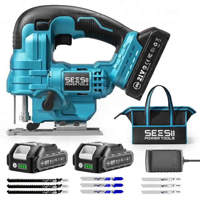 Seesii Sierra de Calar sin Cable 21V, Sierra de Calar Eléctrica con 2× 2.0Ah Baterías, 2800RPM Velocidad Variable para Cortar Madera, Cortes Biselados 0°-45°, Luz LED, 4 Ajustes Orbitales