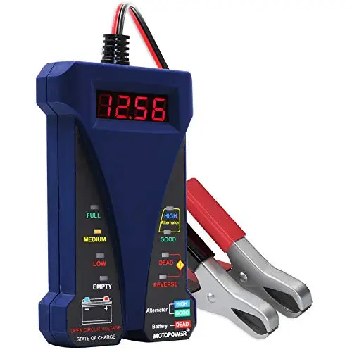 MOTOPOWER 12V Comprobador Digital de batería con voltímetro y Sistema de Carga alternador con Pantalla LCD e indicador LED - Azul