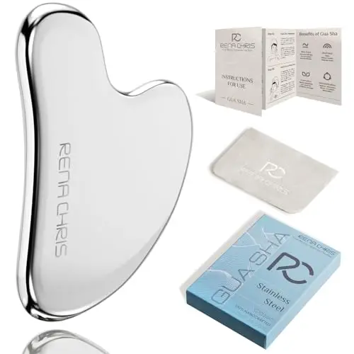 Rena Chris Gua Sha Facial Masajeador,Piedra GuaSha de Acero Inoxidable para Esculpir la Línea de la Mandíbula, Eliminar las Bolsas de los Ojos, Regalos para el Cuidado de la Piel(Plata)