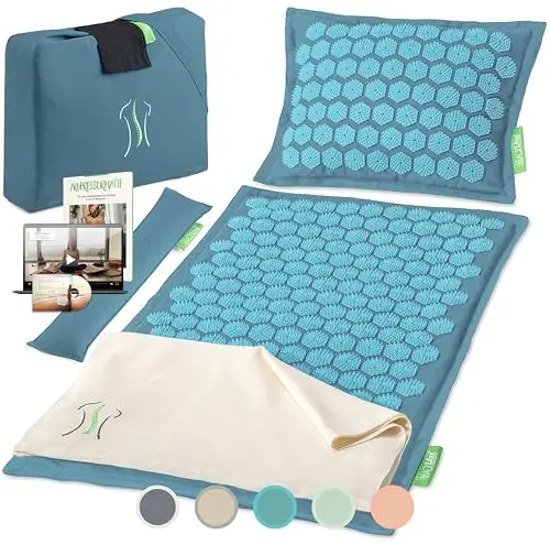 BACKLAxx ® Set de esterilla acupresion para relajación de espalda, cuello, hombros y pies | Alfombra acupresión contra la tensión con almohada