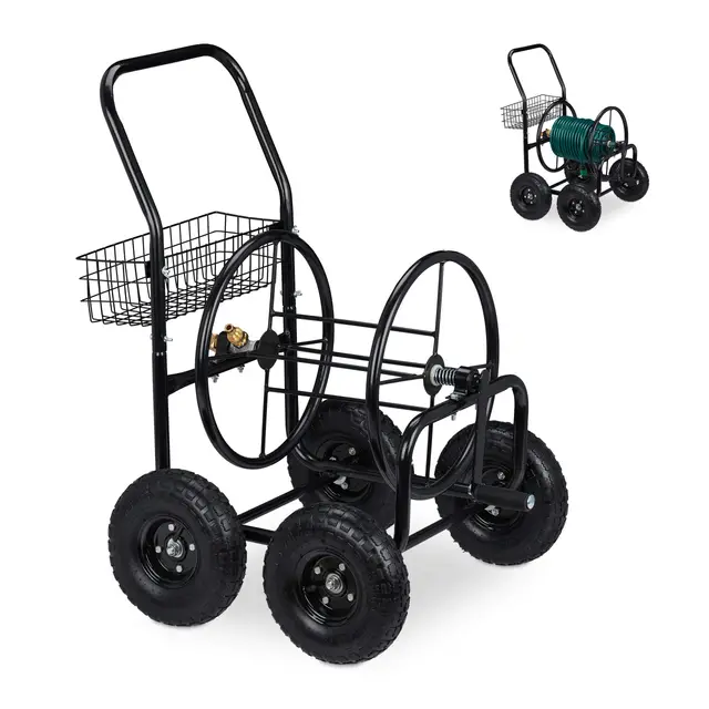 Relaxdays Carro Portamangueras, hasta 75 m, 4 Neumáticos, Acoplamiento por Clic, Cesta, Soporte Mangueras Metal, Negro