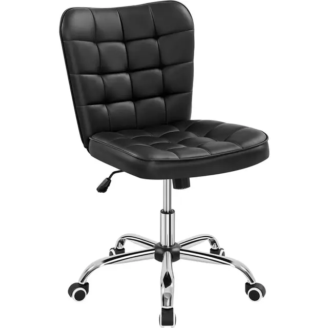 Yaheetech Silla de Oficina sin Reposabrazo Silla Oficina Tapizada de Cuero PU Silla con Ruedas Silla Ergonomica Base Metal Negra