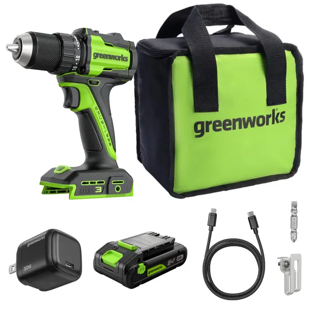 Greenworks 24V Cordless Brushless 45Nm Taladros atornilladores, Ligero, luz de trabajo led, embrague 18 + 1, batería USB-C de 2.0Ah (potencia de 12.000mAh), cargador USB-C de 30W DD345