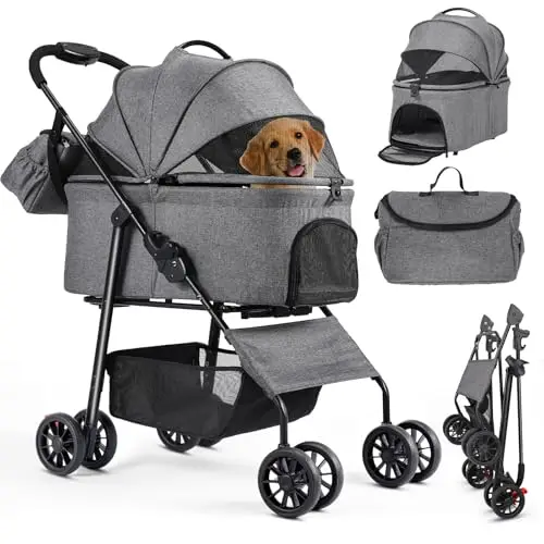 MAMIZO Cochecito para perros 3 en 1, hasta 20 kg, 4 pares de ruedas dobles de 360°, carrito para perros con una bolsa de hombro, plegable, para perros y gatos pequeños, medianos y gatos, Gris