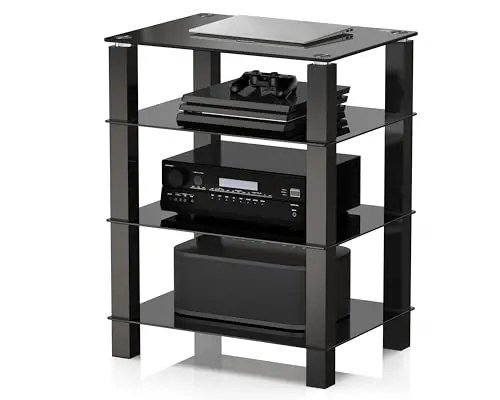 FITUEYES Mueble HiFi Negro con 4 Estantes de Cristal Templado para Equipo de Audio 60 * 45.5 * 77cm