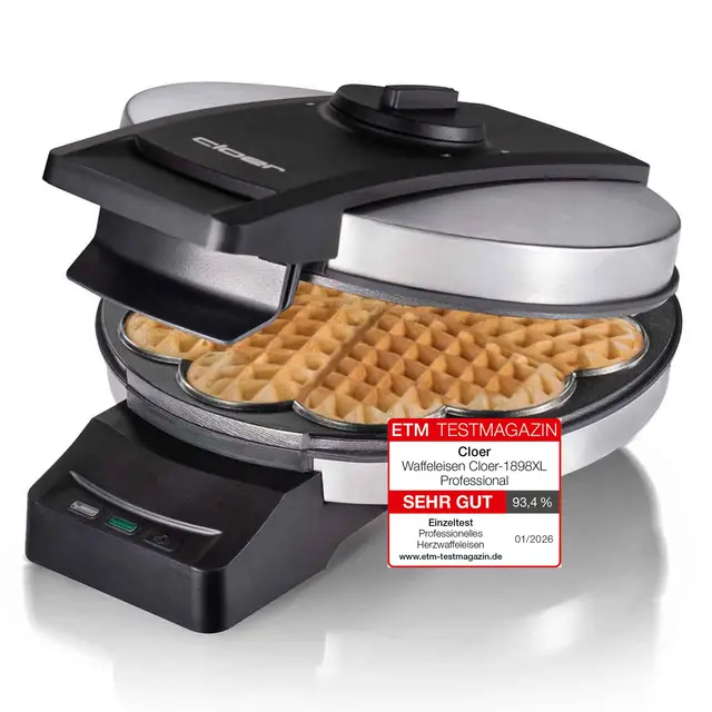 Cloer Gofrera profesional, revestimiento doble resistente al azúcar, adecuado para uso comercial, gofre de corazón grandel 19,5 cm Ø, 950 vatios, señal óptica y acústica, Interruptor encendido/apagado
