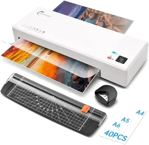 Buyounger Plastificadora A4, Plastificadora en Frío y Caliente con 40 Bolsas, Laminadora para A4 A5 A6 con Cortador de Papel, Redondeador de Esquinas para Uso Doméstico, Escolar y de Oficina
