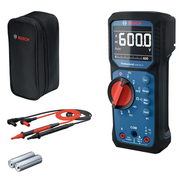 Bosch Professional Multímetro Digital GDM 600-15 (RMS verdadero, LCD invertida, mide frecuencia/continuidad/resistencia/capacitancia, mín./máx./promedio, cables de prueba MS 90)