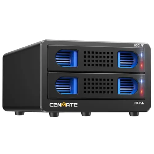 CENMATE Caja Disco Duro de Aluminio, Caja Raid 2 Bahía con Ventilador Soporte SATA HDD/SSD 2.5/3.5 con USB A/C 3.0, Carcasa HDD Sin Herramientas, 4 Modos Raid