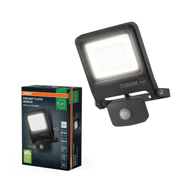 OSRAM Reflector Exterior LED con Sensor ENDURA, 30W, 3000lm, 4000K blanco frío, Sensor de Movimiento 9m, Aluminio, IP65