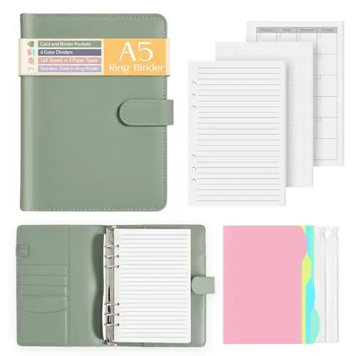 Cuaderno A5 de Anillas Recargable, 165 Hojas, Agenda de Cuero PU con Separadores, Bolsillos con Cremallera y Ranuras para Tarjetas, Organizador A5 para Escuela, Oficina, Viaje