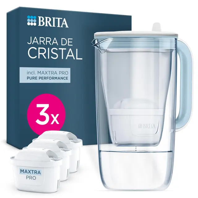BRITA Jarra de cristal azul (2,5L) incl. 3x filtros MAXTRA PRO Pure Performance Diseño premium con tapa abatible de fácil llenado e indicador, que reduce la cal, el cloro y las impurezas