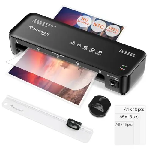 Bonsaii Plastificadora A4 6 en 1 con 40 fundas para plastificar, incluye cortador de papel y redondeador de esquinas, protección antiatascos, plastificación rápida de documentos y fotos (L418-C)