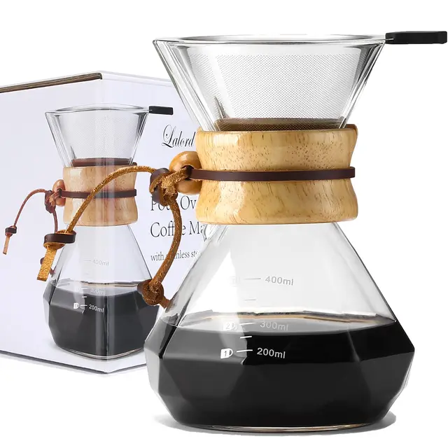 Lalord Cafetera de Goteo con Filtro de Acero Inoxidable Reutilizable, Jarra de Café de Vidrio de Borosilicato, Collar de Madera, Capacidad Para 2 tazas, 13.5 oz/400 ml