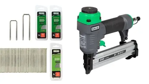 SALKI | Pack Clavadora/Grapadora CSK BG90 + 3000 Grapas: Grapa 90-30mm + Brad AX 30mm y 40mm | Pistola de clavos neumática y Grapadora Neumática | Perfecta para Carpintería, Ebanistería y Bricolaje