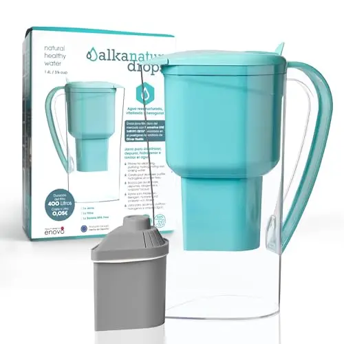Jarra Filtradora de Agua Fabricada en España ALKANATUR Drops para Agua del Grifo con Filtro Zeolita Clinoptilolita pH 9 Capacidad 1.4 Litros Depura Hidrogena Ioniza y Aporta Magnesio Elimina Metales