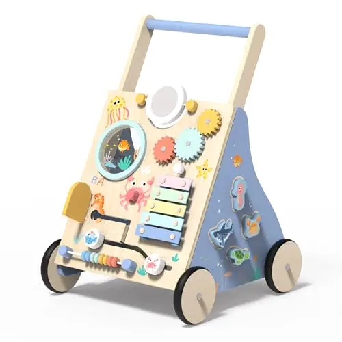 Andador Madera Bebé, Océano Andadores para Bebes con Juguetes Montessori, Caminador Bebé, 8 Actividades Interactivas, Juguetes para Bebés de 1 Año, Baby Walker Regalos para Niños y Niñas