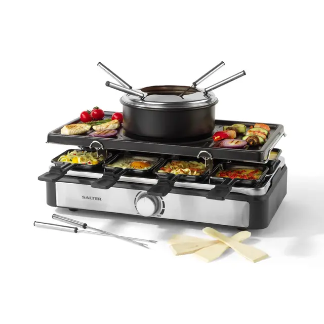 Salter Parrilla Eléctrica Raclette & Fondue - Parrilla Interior 2 en 1, Olla para Derretir de 1,3L, Fondue de Queso, 6 Tenedores, Temperatura Ajustable, 8 Sartenes y Espátulas Antiadherentes, 1400W