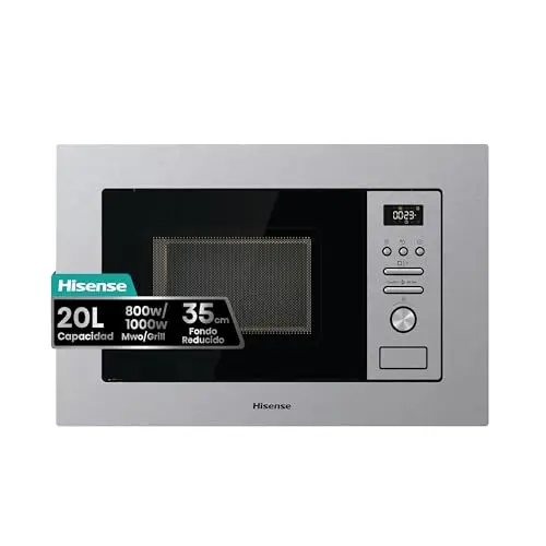 Hisense BIM320G41X - Microondas Integrable, 1000W, 20L, Alto 38.8cm x Ancho 59.5cm, Color Inox, 5 Niveles de Potencia, 15 Programas Preestablecidos, Grill Combo, Descongelar por Tiempo o Peso