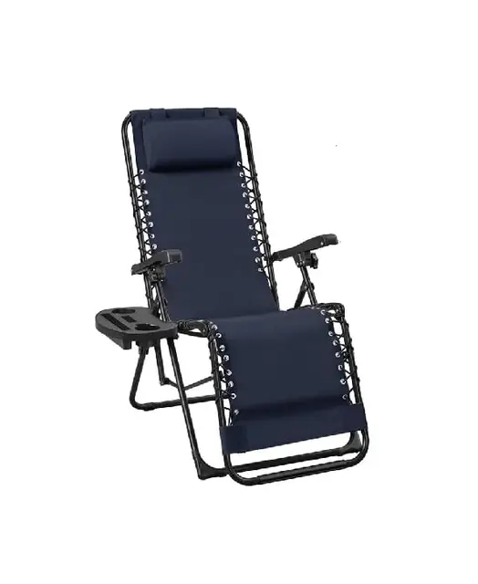 Tumbona Plegable para Exterior | Reposapiés y Cojín Ajustable | Silla Reclinable Bandeja Lateral para Bebidas, Móvil y Libros | para Terraza, Camping, Playa, Piscina (Azul Oscuro)