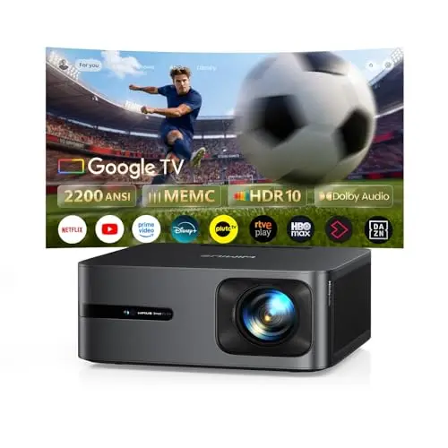 Proyector 4K | 2200 ANSI Brillo | Google TV 14.0 Integrado | Audio Dolby 40W| Proyector FHD 1080P Nativo, Enfoque Automático e IA Calibración, 2+32GB, HDMI 2.1, MEMC HDR10 para Cine en Casa y Exterior
