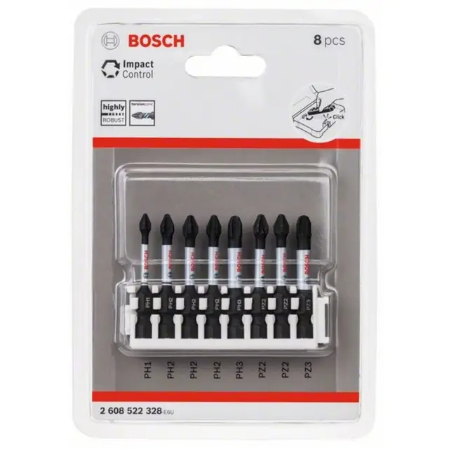 Bosch Professional 8 uds. Punta de Atornillar (Impact Control, PZ/PH Bits, Longitud 50mm, Universalhalter, Pick and Click, Accesorio Atornilladores de Impacto)