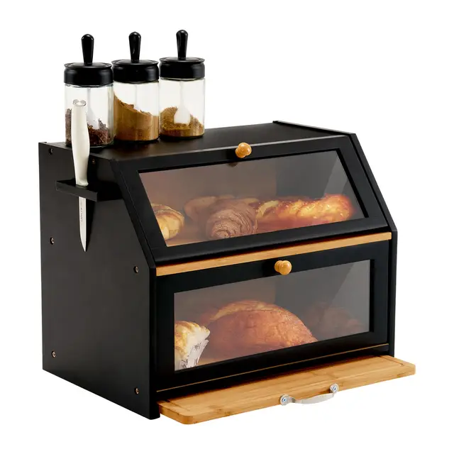 YOUDENOVA Panera ecológica de bambú con tabla de cortar, caja de almacenamiento, para guardar pan, pan tostado, negro, 39 x 26 x 32,5 cm