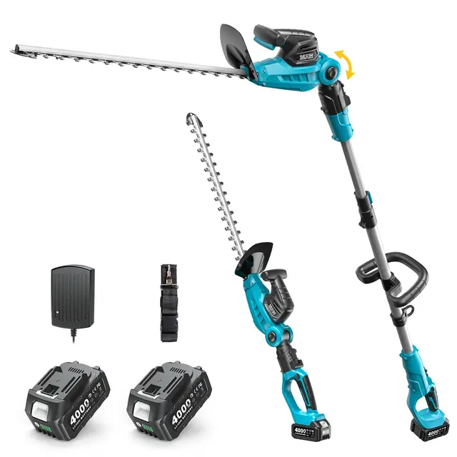 SEESII Cortasetos a Batería 2 en 1, Cortasetos Telescópico con Hoja Doble de 53 cm, Alcance Máximo de 2,6 m, Capacidad de Corte de 18 mm, 2 Baterías de 4,0 Ah, Ideal para Árboles y Arbustos del Jardín